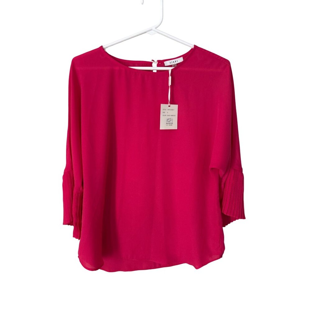 Sioni Blouse Size Small Pleated Sleeve Keyhole Back Giant Hibiscus Pink Chic NEW